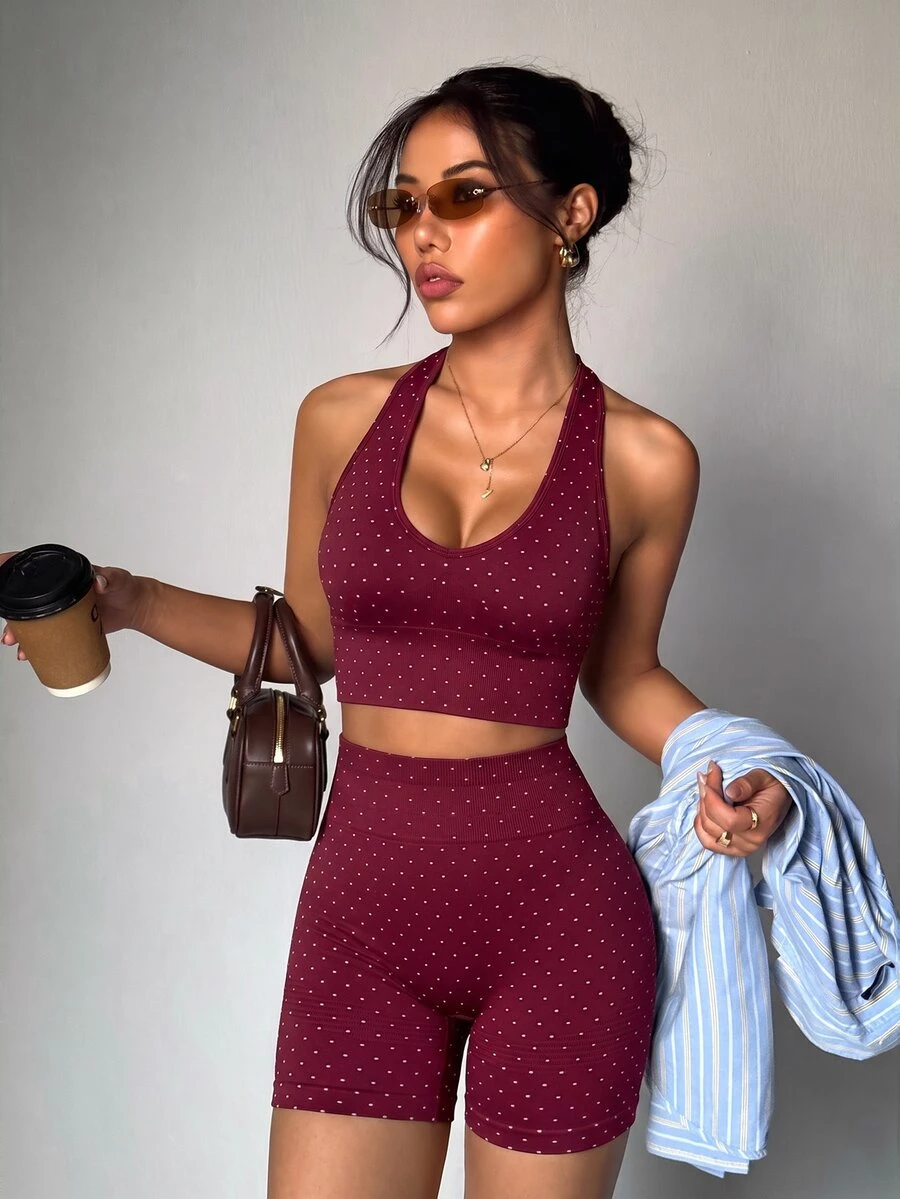 Slayform Women's Polka Dot Print Halter Neck Tank Top And Shorts Sports Set - Burgundy - View 1