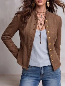 Solivie Women's Solid Color Casual Versatile Daily Long Sleeve Jacket - Coffee Brown - View 5