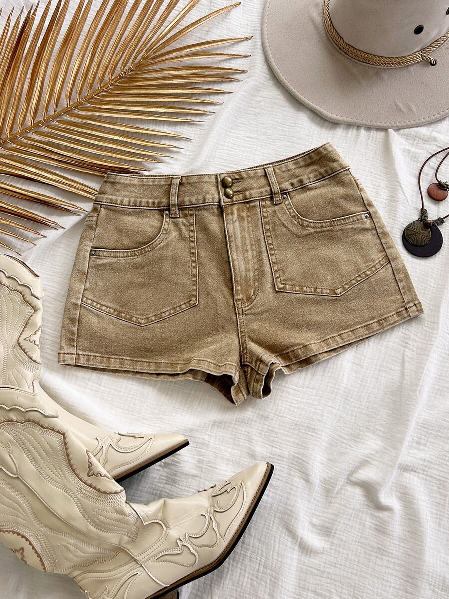 Soleia Women's Casual Versatile Daily Shorts With Pockets And Buttons - Khaki - View 1