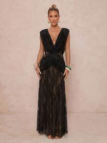 Lumalex 淺黃色垂墜網紗長洋裝，深V領、透視百褶設計 - 黑色 - 查看 9