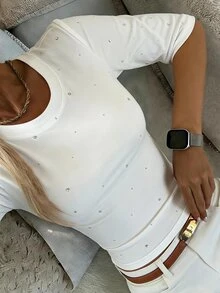 DAZY 女款水鑽設計圓領短袖修身休閒T恤 - 白色 - 查看 3