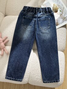 SHEIN 女童街頭風牛仔酷感戶外百搭美式休閒簡約水洗錐形牛仔褲 2025 全季新款日常秋季 - 深色水洗藍 - 查看 2