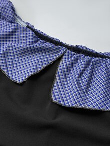 Maweii Spring Autumn Winter Plaid Patchwork Knit Fabric Waist-Cinched A-Line Ruffle Hem Elegant Sexy Black Plus Size Women's Knee-Length Dress Night Fall - Black - View 7