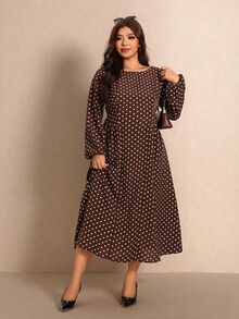 Elaquor Plus Size Women's Polka Dot Casual Party Dress - Brown - View 5