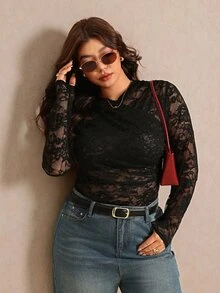 Elaquor Plus Size Sheer Lace Sexy Bodysuit - Black - View 5