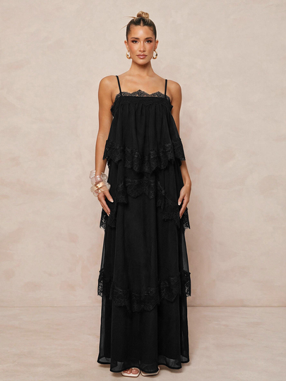 Lumalex Spring/Summer New Chiffon Ruched Contrast Lace Adjustable Strap Tiered Maxi Dress,Honeymoon,Gothic,Halloween
