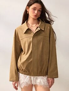 Willow Rêve Women's Camel Loose Suede Jacket, Zip Front, Collared Neck, Elastic Hem, Solid Color, Vintage Western Boho Casual Autumn Travel, Elegant Everyday - Khaki - View 4