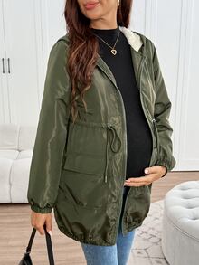SHEIN Maternity 3-In-1 Long-Sleeve Hooded Jacket (Green And Off-White Color-Block); Features A Drawstring Waist And Warm Fleece Lining; Suitable For Winter. - Army Green - View 3