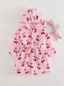 SHEIN 女嬰櫻桃圖案休閒居家連帽晨袍 - 粉色 - 查看 4