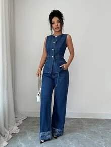 Elenzga 女款鈕扣背心外套與口袋長褲牛仔套裝 - 藍色 - 查看 6