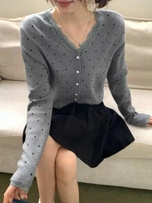 DAZY Women's V-Neck Lace Patchwork Polka Dot Casual Knit Cardigan Fall - Dark Grey - View 3