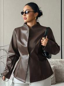 Livesso PU Leather Elegant Blogger Casual Waist-Cinching Spring/Autumn New Jacket - Brown - View 3