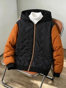 SHEIN 青少年男孩休閒學院風基本色塊連帽開襟厚實編織棉秋冬夾克 - 彩色 - 查看 2