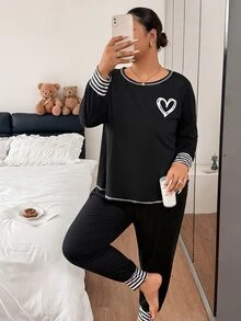 Napfluff CURVE Napfluff CURVE Plus Size Women's Heart Print Striped Patchwork Pajama Set, Casual Loungewear - Black - View 1