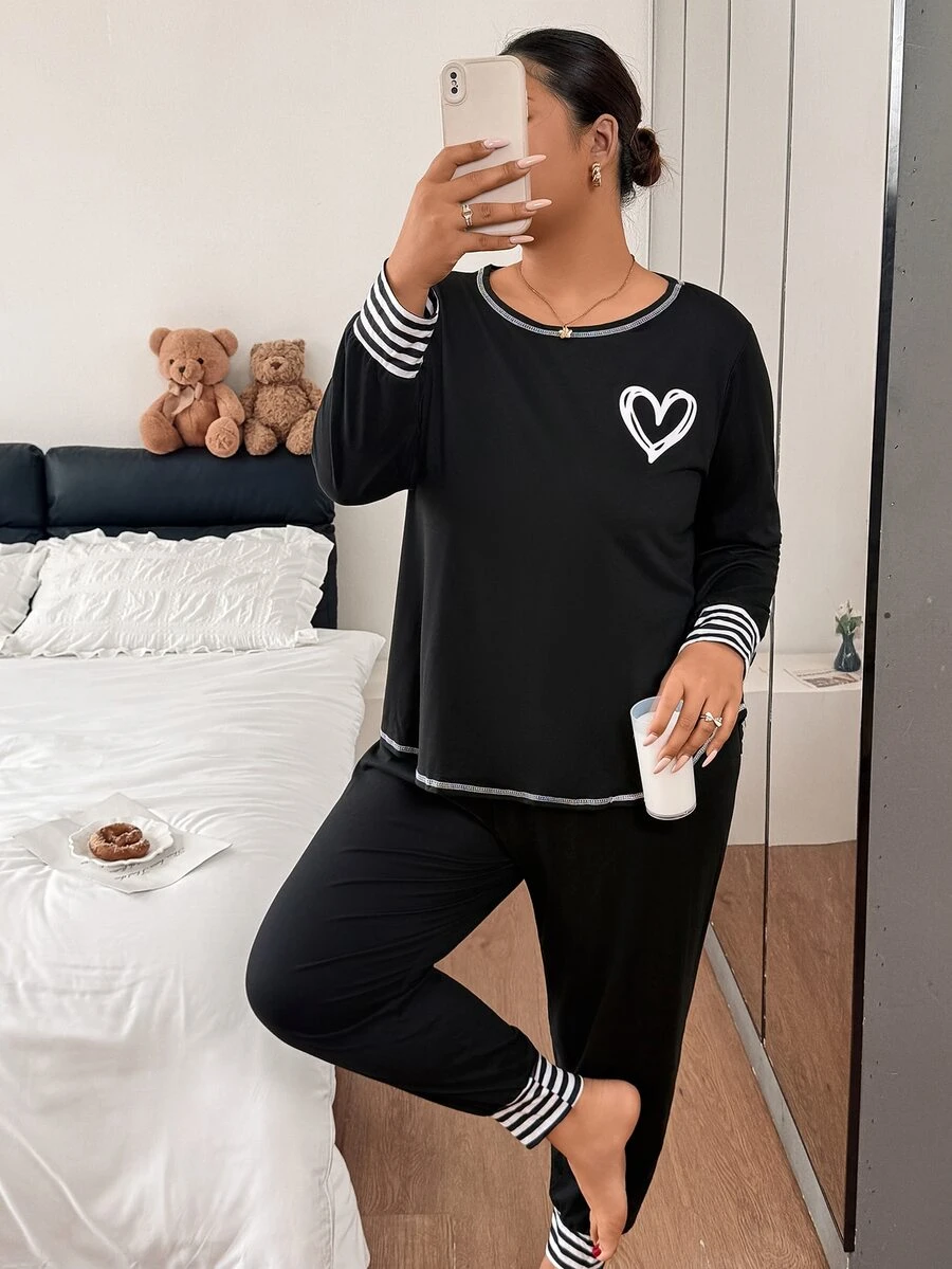 Napfluff CURVE Napfluff CURVE Plus Size Women's Heart Print Striped Patchwork Pajama Set, Casual Loungewear - Black - View 1