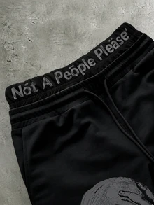 PAVTROS Men's Versatile Slogan Print Drawstring Waist Pocket Shorts Wide Leg - Black - View 3