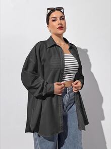 SHEIN Essnce 大尺碼女款純色長袖單排扣側開衩下擺休閒襯衫 秋季 - 深灰色 - 查看 4