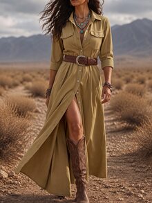 Glimmora Plus Size Women Solid Color Casual Party Dress - Khaki - View 1