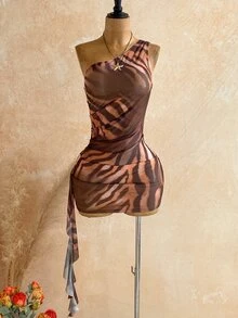 Soleia 動物印花披肩袖透視女款滿版印花洋裝與純色上衣休閒兩件套性感女裝 - 彩色 - 查看 8