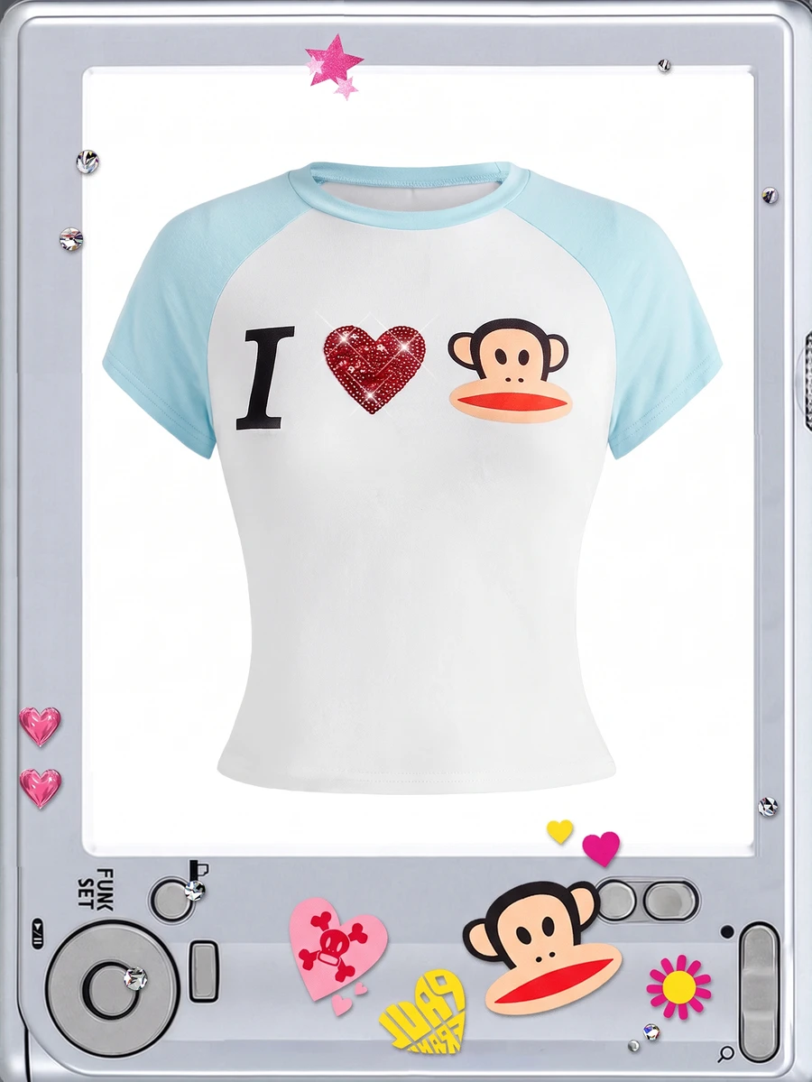 Paul Frank X ROMWE 亞文化女孩休閒聯名「I Love」印花落肩袖修身女款T恤 - 薄荷綠 - 查看 1
