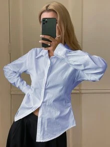 DAZY 女款純色收腰長袖翻領優雅正式春夏襯衫 - 藍色 - 查看 4