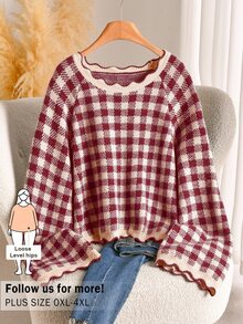 CosyJoli Plus Size Casual 1920s 90s Plaid Sweater, Autumn/Winter Formal Office Burgundy - Burgundy - View 2