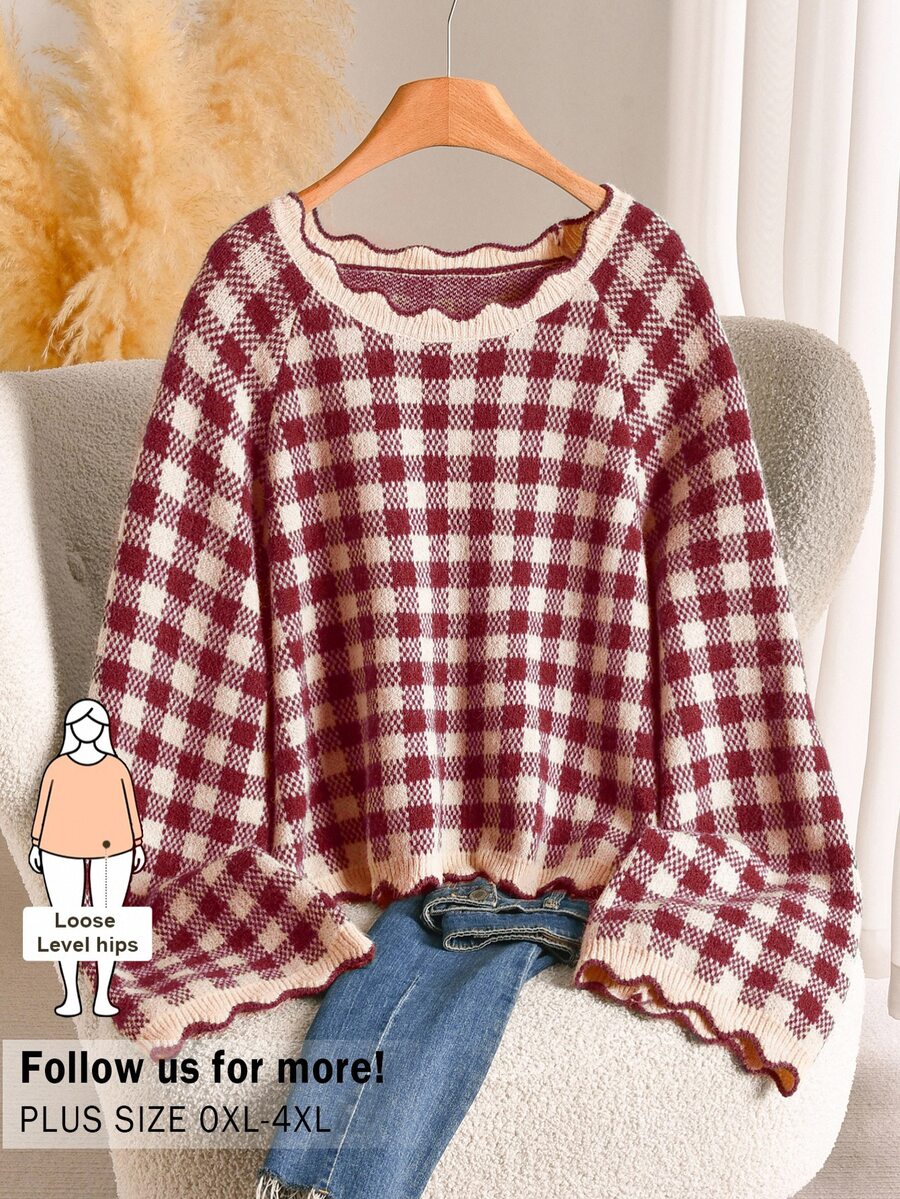 CosyJoli Plus Size Casual 1920s 90s Plaid Sweater, Autumn/Winter Formal Office Burgundy
