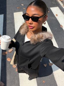 Muchica Black Knit Patchwork Wool Sweatshirt Casual Set, Women's Sports Zipper Set Suitable For Parties, Women's Office Wear, Christmas, New Year, Thanksgiving, Parties, Weddings, Graduation Ceremonies, Elegant, Outings, Dates, Elegant, Y2K, Graduation Ceremonies And More - Black - View 4