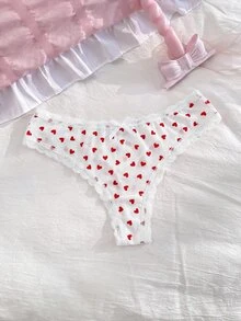PetitDoll 女孩風紅色愛心網紗T後內褲 - 白色 - 查看 3