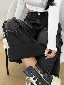 Coolane 女款時尚鈕扣口袋拼接刺繡寬鬆牛仔長褲 - 黑色 - 查看 7