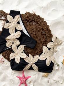 Bonvoyette Spring/Summer Girls Fashion Hot-Selling Viral Vacation Sexy Starfish & Pearl Decor Random Placement Two-Piece Bikini Set - Black - View 5