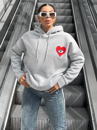 SHEIN Sudadera con capucha casual de talla alta, de algodón, con estampado de corazón, hombros caídos, detalles de cordón y color gris liso