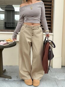 Dazy Plus Spring/Autumn New Vintage Washed Solid Color Casual High Waist Versatile Multi-Button Jeans - Apricot - View 6