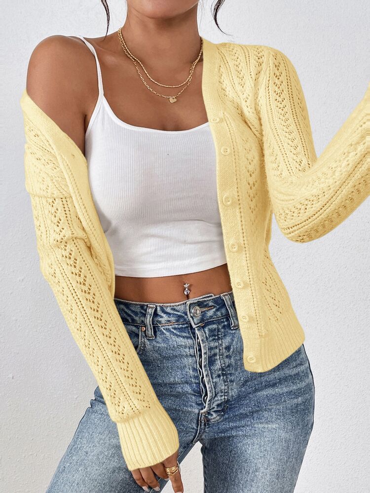SHEIN Frenchy Women's Solid Color Long Sleeve Single-Breasted Hollow Knit Cardigan - Light Yellow - View 3