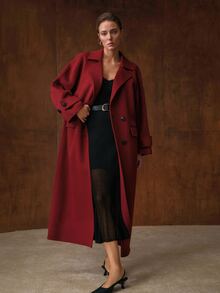 MOTF PREMIUM WOMEN'S WOOL LAPEL ELEGANT BACK SLIT LONG DOUBLE-FACED COAT, AUTUMN/WINTER - Burgundy - View 4