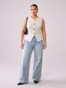 Hourglow Plus Size Women's Metal Button Tweed Waist-Cinching Fitted Vest - Beige - View 6