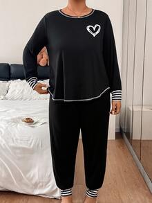 Napfluff CURVE Napfluff CURVE Plus Size Women's Heart Print Striped Patchwork Pajama Set, Casual Loungewear - Black - View 6