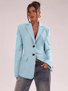 SHEIN BAE 女款純色翻領長袖單排扣休閒西裝外套 - 淺藍色 - 查看 5