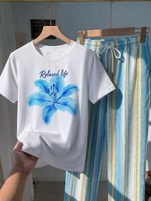 Comfortcana 2件組刺繡圓領短袖上衣與條紋印花長褲，休閒風 - 藍色 - 查看 3