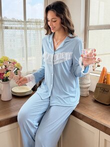 Snug Reverie Women's Romantic Fresh Lace Patchwork Lapel Front-Open Pajama Set - Blue - View 6