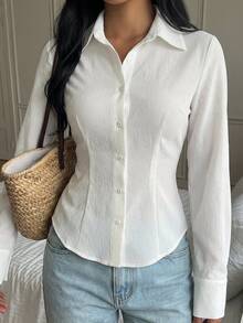 SHEIN PETITE CURVE Plus Size Autumn Casual Solid Color Cinched Waist Shirt - White - View 5