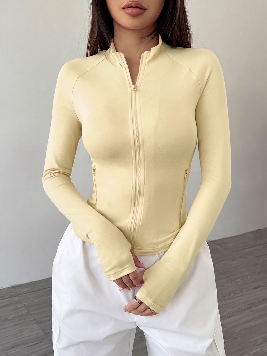 SHEIN Unity 女款純色前拉鍊長袖極簡休閒夾克,春秋款 - 米色 - 查看 1