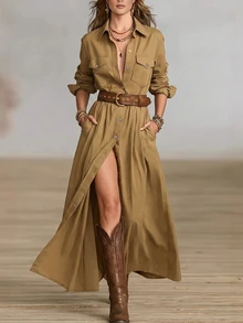 Glimmora Plus Size Women Solid Color Casual Party Dress - Khaki - View 3