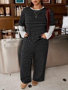 Muchica Plus-Size Black And White Striped Layered T-Shirt And Trouser Set Is Casual And Versatile, Suitable For Home Relaxation In Autumn And Winter. - Black and White - View 4