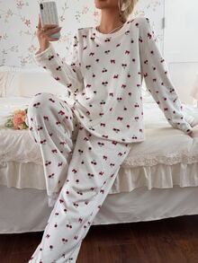 CottageSlumber Romantic Flannel Cherry Bow Print Round Neck Long Sleeve Pants Women's Pajama Set, Autumn/Winter - Multicolor - View 4