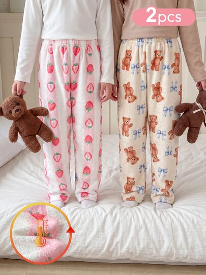 SHEIN Autumn/Winter Thermal Lined Double-Sided Flannel Girls' Big Tween Girl Long Pants, Sweet Cute Bow Bear Strawberry Print, Soft Comfortable Casual Minimalist Loose Fit 2 Pieces Loungewear Set