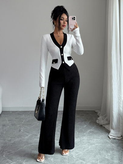 SHEIN Elenzya Women's Contrast Color Textured Waist-Cinching Decorative Buckle Jacket + Long Pants Casual Slimming Suit 2 Pieces Set