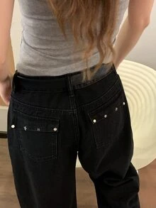 DAZY Women's Wide Leg Loose Casual Versatile Denim Jeans With Pockets Fall - Black - View 4