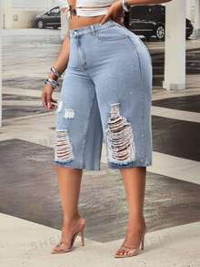 SHEIN CURVE+ Cowgirl Outfit Plus Size Women's Blue Non-Stretch Distressed Frayed Rhinestone Capris - Light Wash - View 7