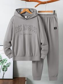 SHEIN 青少年男孩拼色寬鬆長袖連帽衫套裝，冬季，街頭風，畢業，返校 - 灰色 - 查看 1